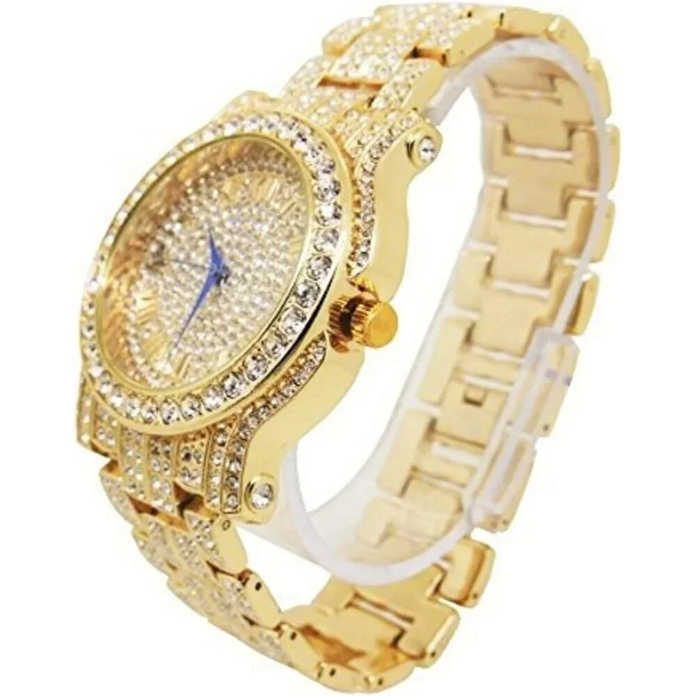 Men's Gold Round Luxury Silver Watch With Bling-ed Out Bracelet L0504b
